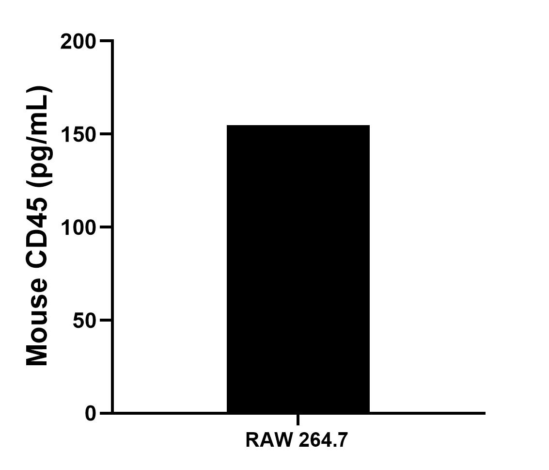 RAW 264.7 were cultured in DMEM supplemented with 10% fetal bovine serum, 2.5 mM L-glutamine, 100 U/mL penicillin, and 100 μg/mL streptomycin sulfate. An aliquot of the cell culture supernate was removed, assayed for mouse CD45, and measured 154.9 pg/mL.